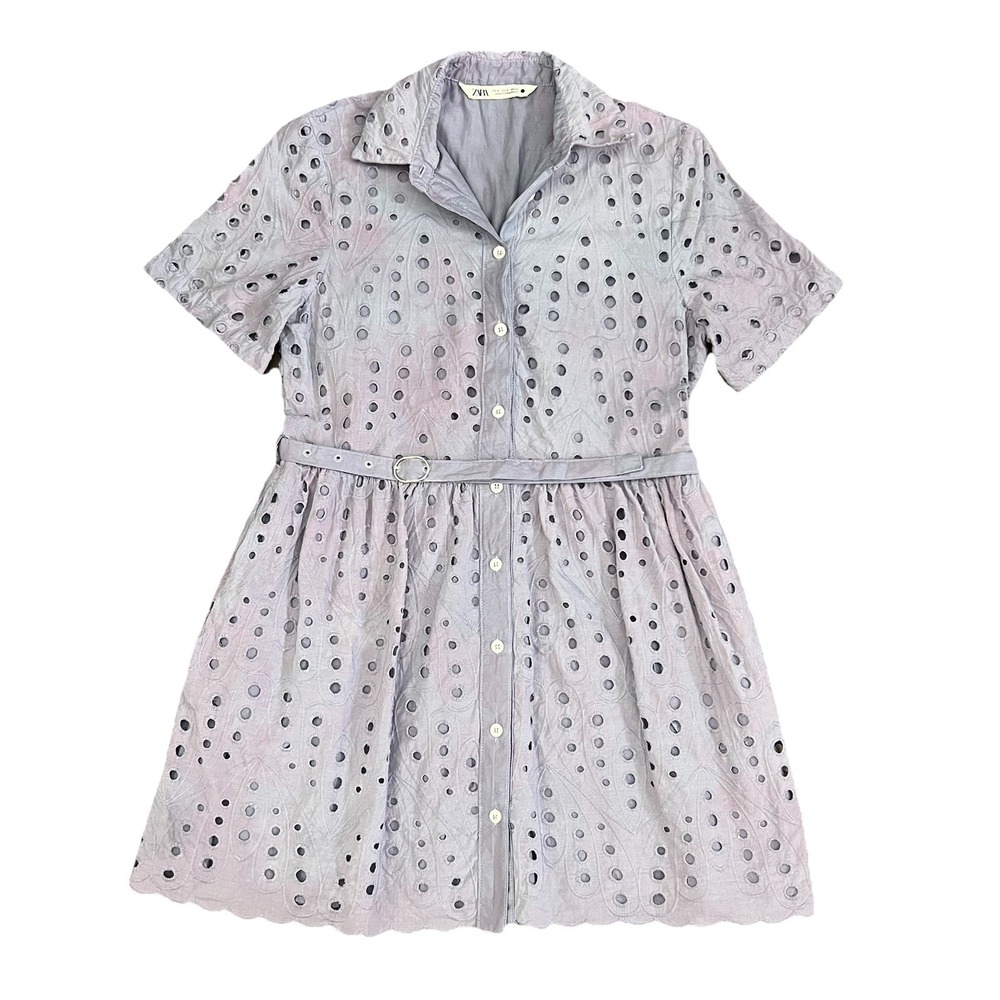 Zara‎ Lilac Embroidered Eyelet Dress Belted Small Scalloped Button Down  Mini